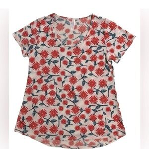 LLR White Tee Adorned with Orange Daisy Flowers Fitted Short Sleeve Top